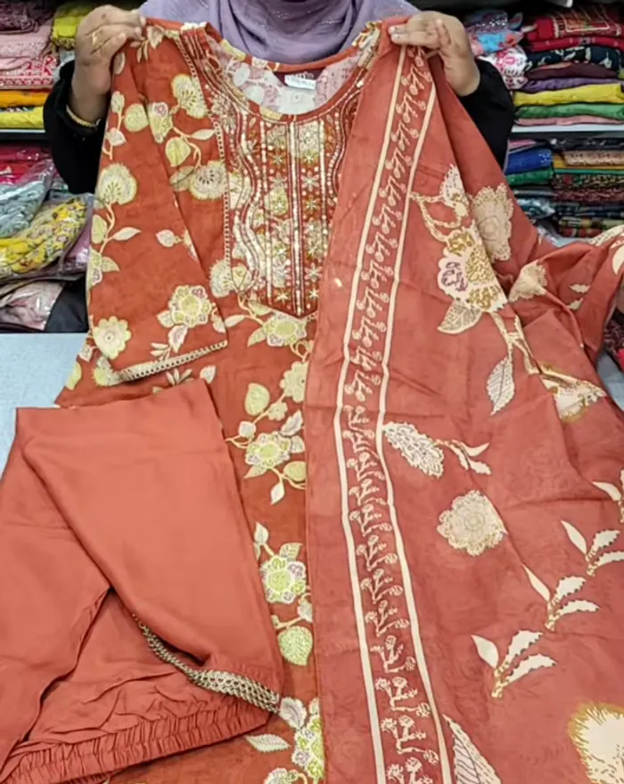Rayon Long Anarkali Top Bottom Dupatta  | TS3264